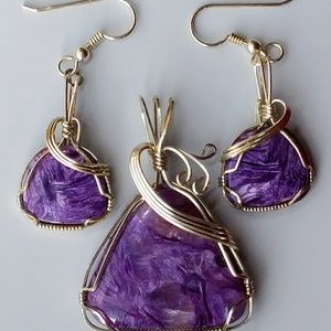 Wire Wrapped Charoite Earrings and Pendant Set